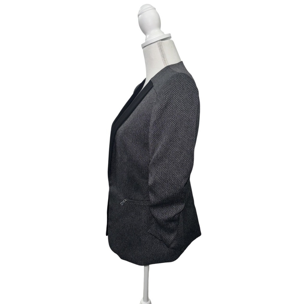 Tahari ASL Petite 8P Grey Herringbone Tuxedo Blazer Ruched Sleeve Zipper‎ Accent - Picture 4 of 13